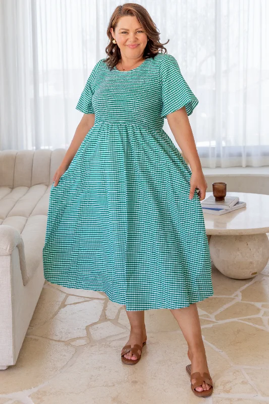 Candace Shirred Midi Dress Green Gingham