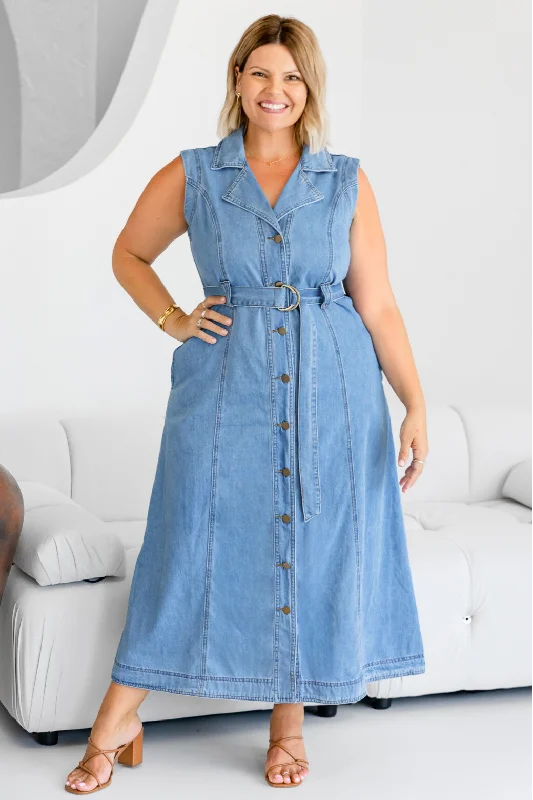 Jessica Denim Midi Dress Washed Indigo