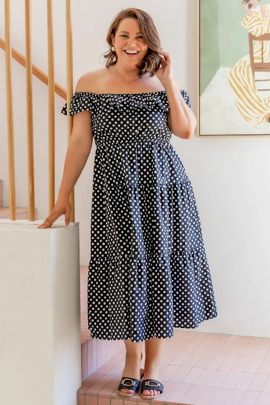 Jackie Off Shoulder Midi Dress Black White Spot