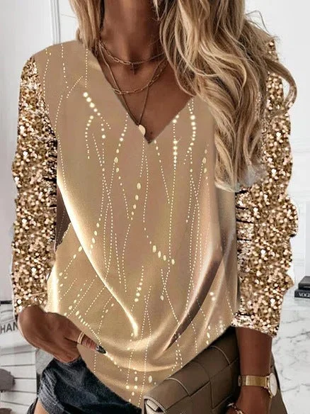 Amy Fashion - Loose V-neck Sequined Long Sleeve Pullover