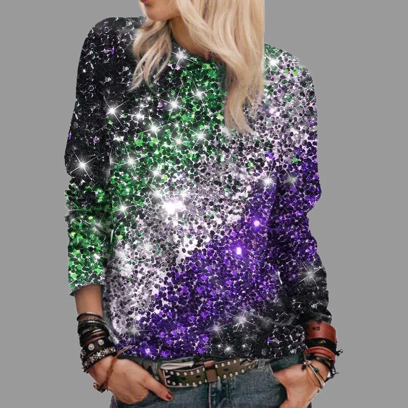 Amy Fashion - Y2k Sequins Gemstone Print Long Sleeves O-neck Pullover