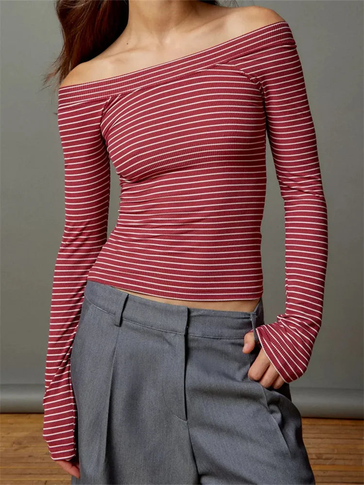 Amy Fashion - Long Sleeve Slim Colorful Striped Print Slash Neck T-Shirts