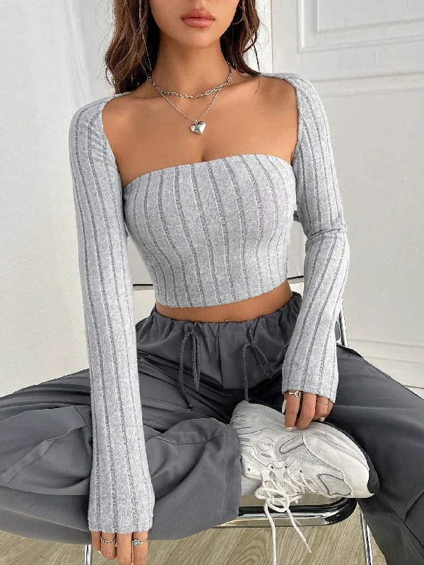 Amy Fashion - Solid Ribbed Knit Crop Tube Top & Bolero