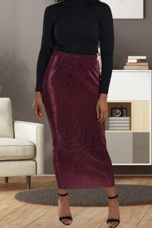 Elastic Waist Burgundy Pencil Skirt