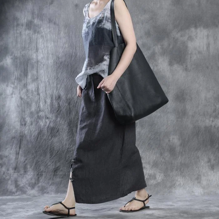 women dark gray striped linen skirts casual fashion side open maxi skirt