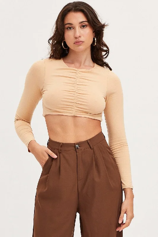 Beige Ruched Crop Top Long Sleeve