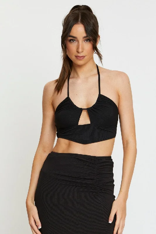 Black Cut Out Crop Top Halter Neck