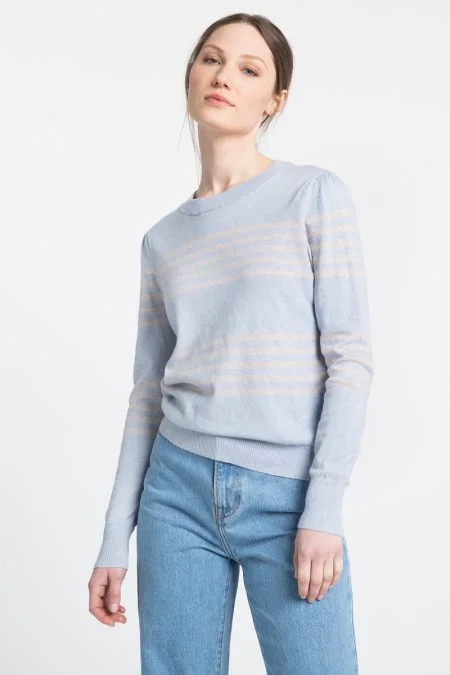 Kinross Cashmere Gathered Sleeve Stripe Crew