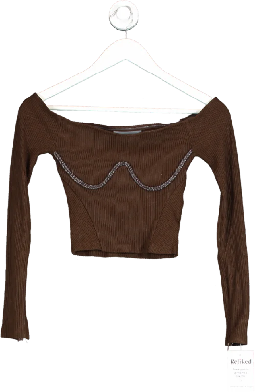 maniere de voir Brown Ribbed Long Sleeve Crop Top UK 4