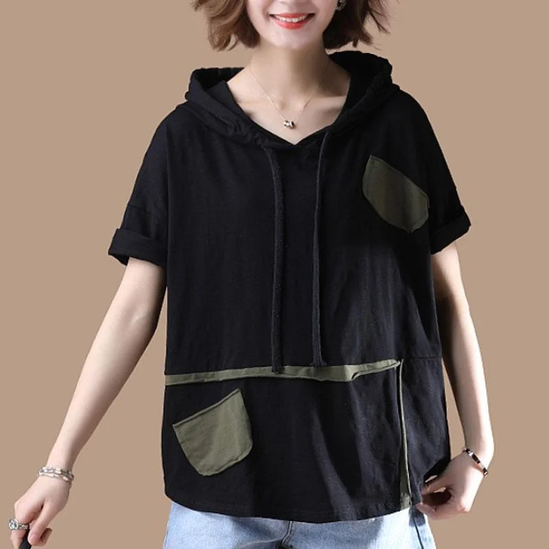 New cotton blouses plus size clothing Hoodies T-shirt Short Sleeve Summer Black Tops