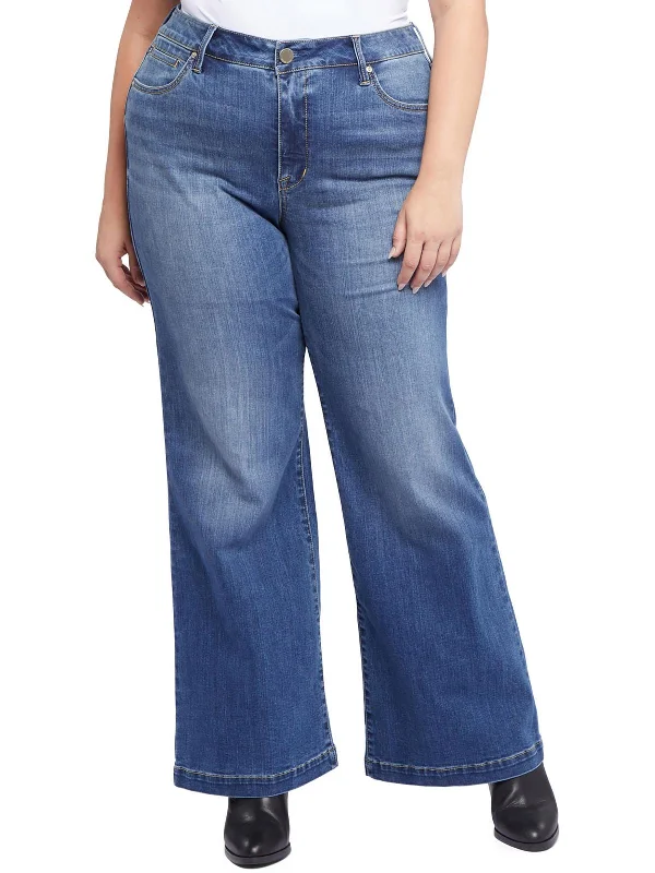 Plus Bella Womens High Rise Whisker Wash Wide Leg Jeans