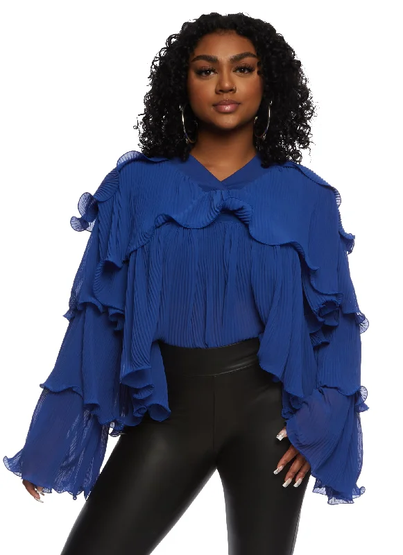 Plisse Ruffled Tiered Long Sleeve Blouse