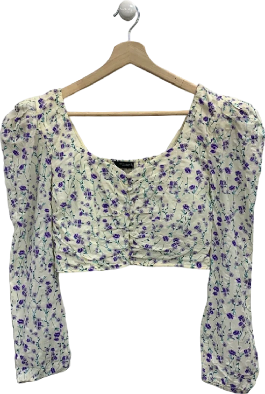 Zara Purple Floral Print Ruched Crop Top UK L