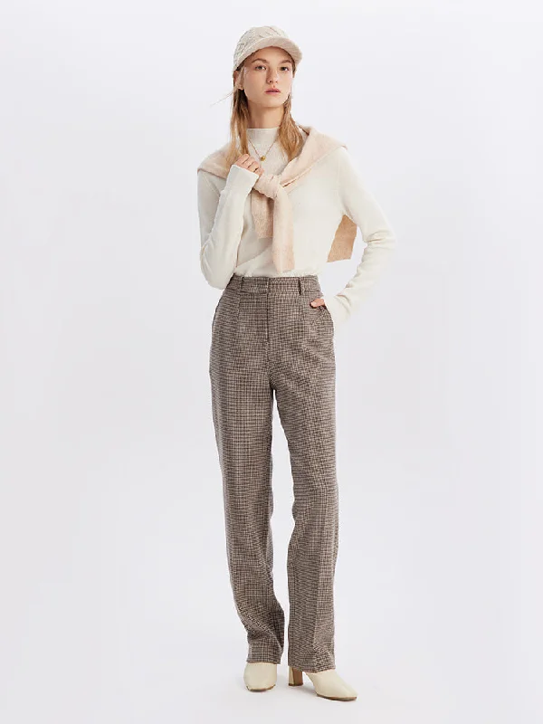 Beige Houndstooth Washable Woolen Pants