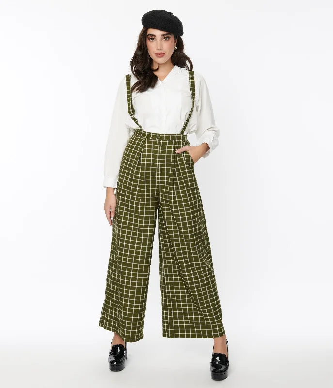 Collectif 1940s Olive Green & White Windowpane Glynda Suspender Pants