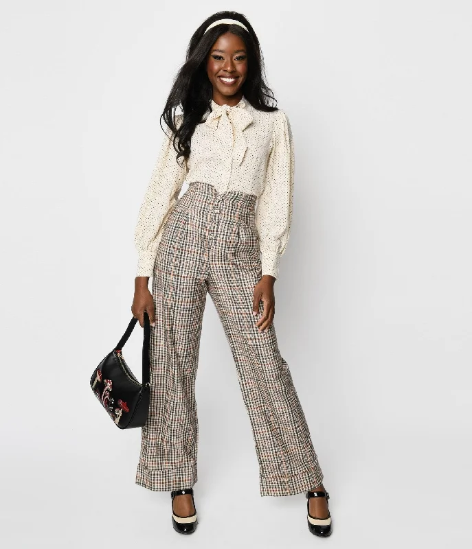 Unique Vintage 1940s Beige Plaid Buttoned Wide Leg Trousers