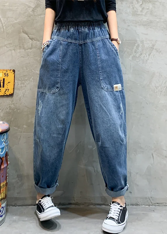 Women Blue elastic waist Pockets Denim Pants Spring