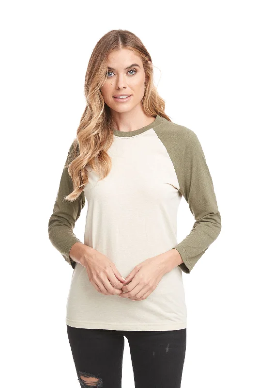 Next Level Womens Burnout Long Sleeve Hooded T-Shirt Hoodie - Cream/Military Green - Closeout