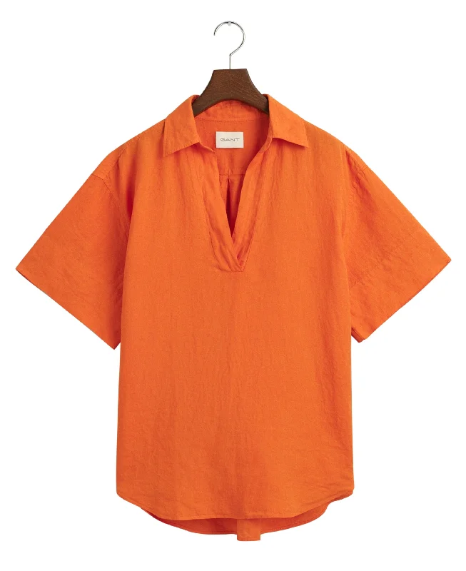 Relaxed Fit Linen Popover Short Sleeve Shirt - Pumpkin Orange