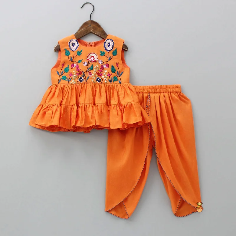 Embroidered Orange Kurti And Dhoti