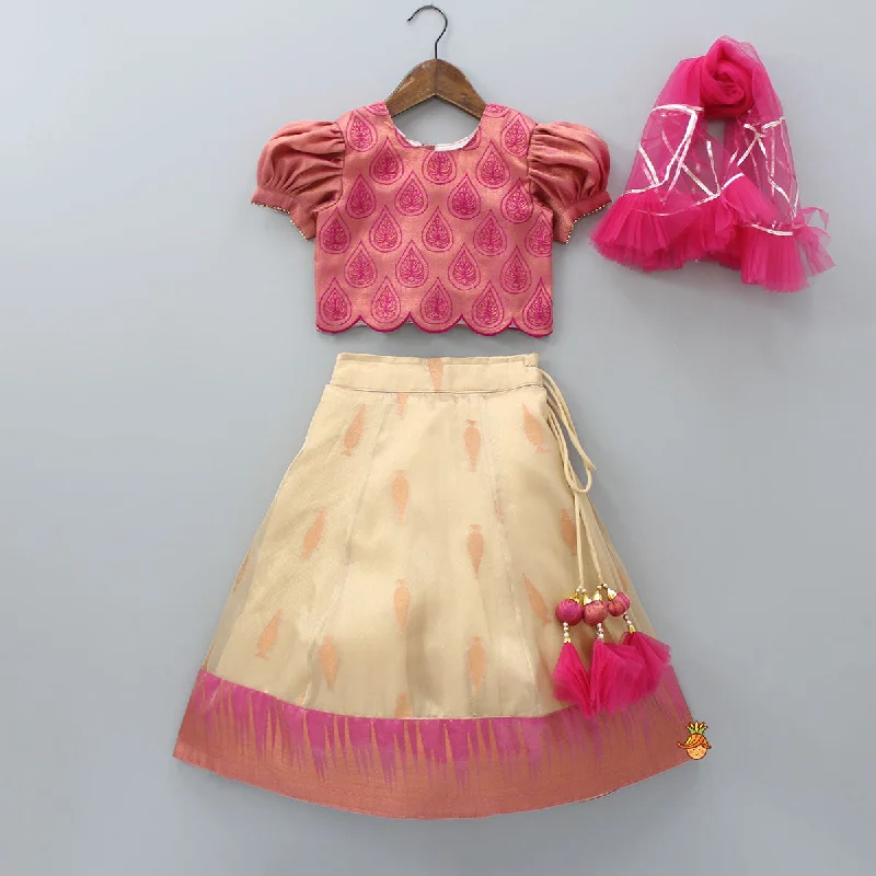 Embroidered Top And Lehenga With Net Pink Dupatta