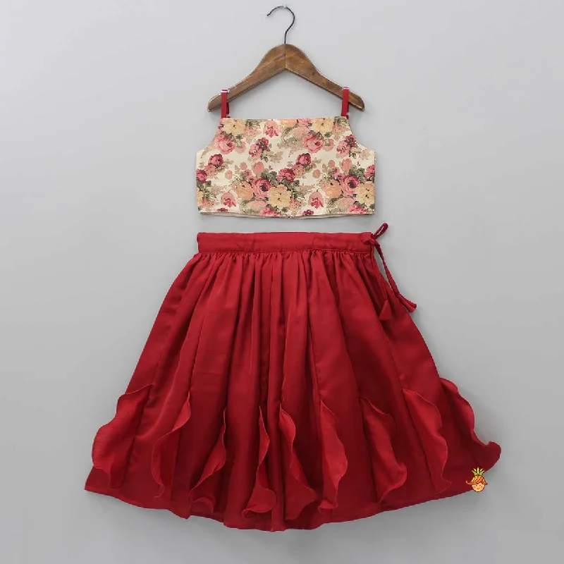 Floral Printed Top And Stylish Pleated Maroon Lehenga