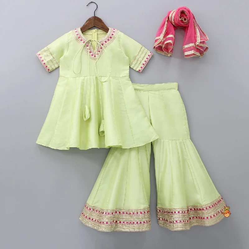 Green Kurti And Sharara With Pink Net Dupatta