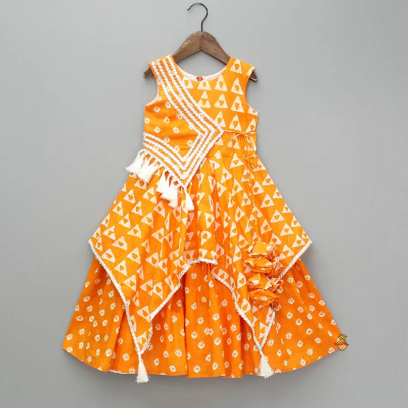 Orange Printed Kurti With Faux Mirror Work Flap