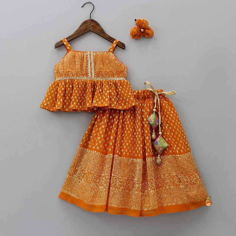 Rust Orange Pleated Georgette Top And Lehenga With Hair Clip