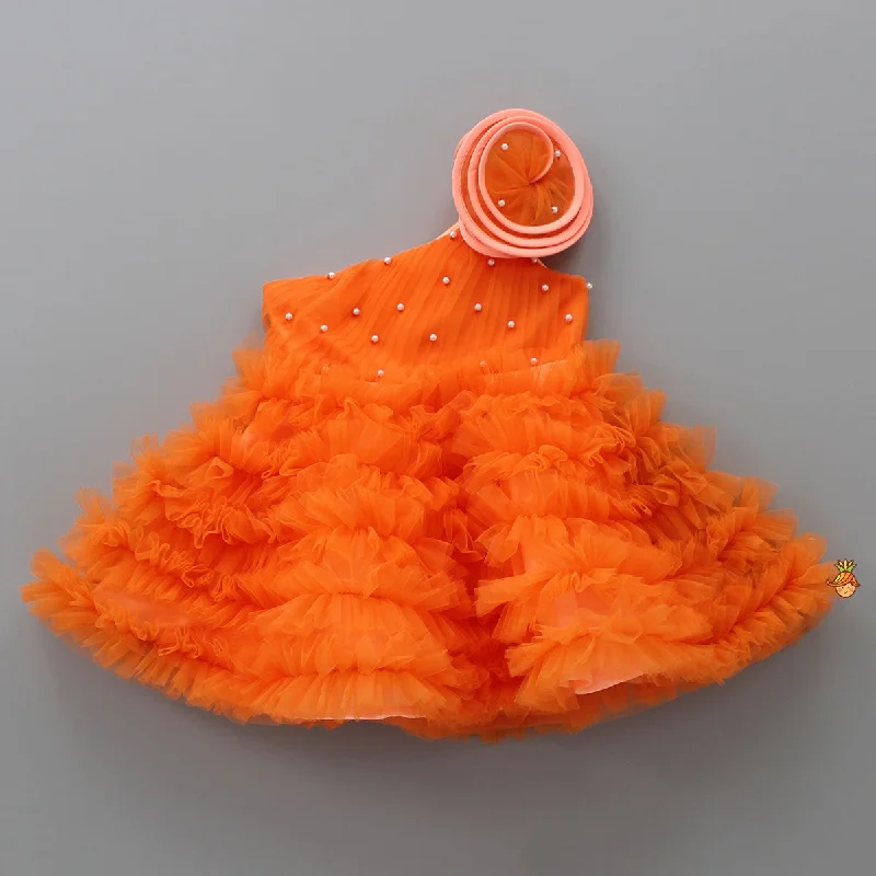 Swirl Frilled One Shoulder Orange Dress