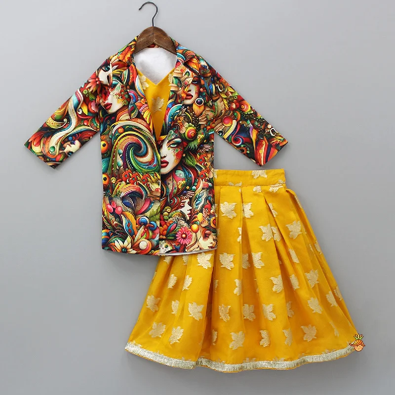 Top And Multicolored Jacket With Box Pleated Lehenga