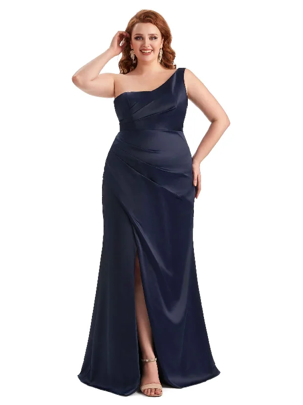 Plus Size Sexy Side Slit One Shoulder Mermaid Long Satin Maxi Dresses