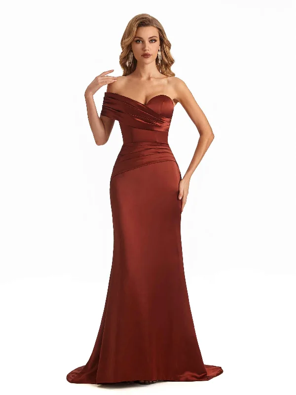 Elegant Soft Satin Mermaid One Shoulder V-neck Maxi Long Satin Formal Dresses