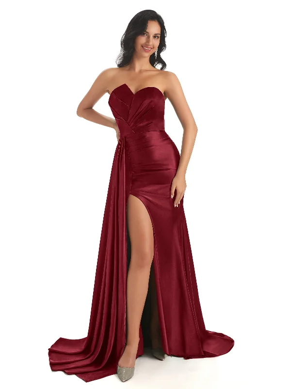 Unique Asymmetric Neckline Mermaid Satin Side Maxi Unique Maid Of Honor Dresses