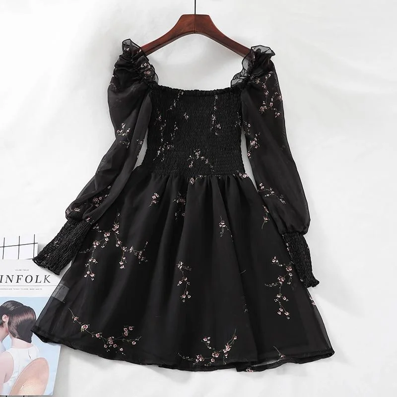 FashionSierra - Black Mini Dresses  Vintage Flower Long Puff Sleeve Chiffon Dresses