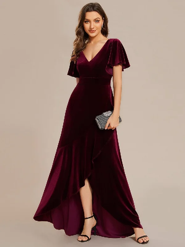 Double V-Neck Short Sleeves Stretchy Velvet Evening Dress with Lotus Leaf Hem