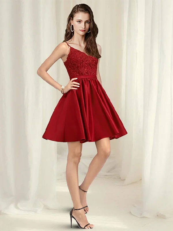 Dresses Minimalist Dress Homecoming Short  Mini Sleeveless V Neck Satin with Pleats