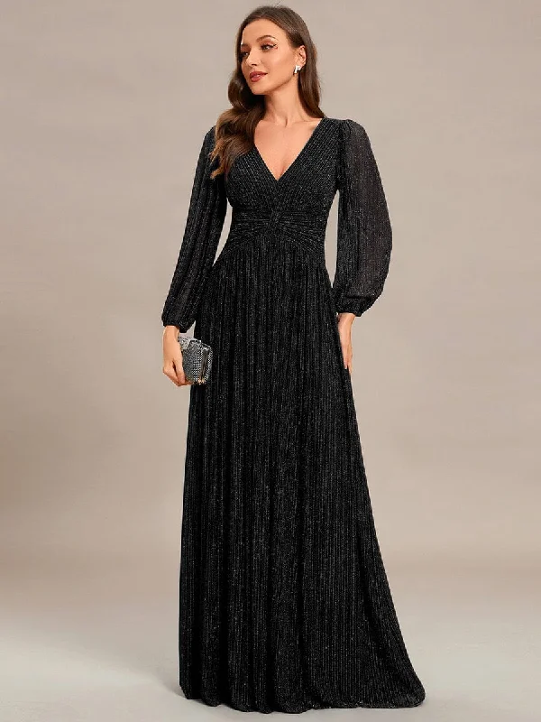 Glittery Empire Waist Long Lantern Sleeves A-Line Evening Dress