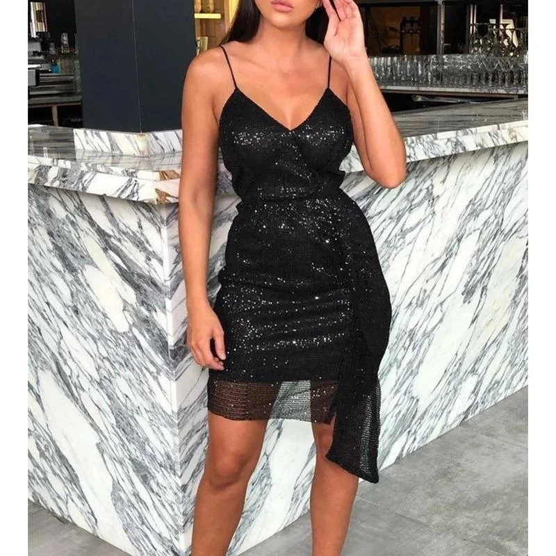 FashionSierra - Irregular slim strap sequined dress women strapless cut out bodycon dress clubwear summer  mini sequins vestidos mujer