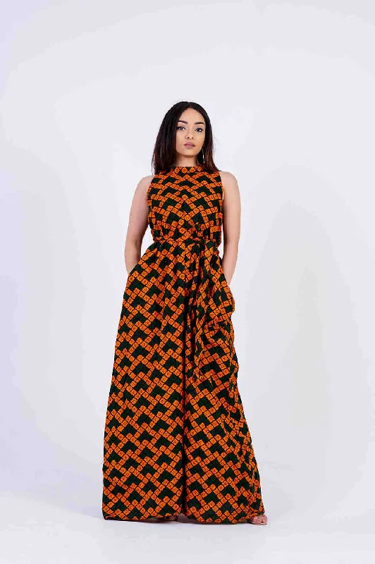 Macie Ankara Maxi Dress | Black and Orange African Print