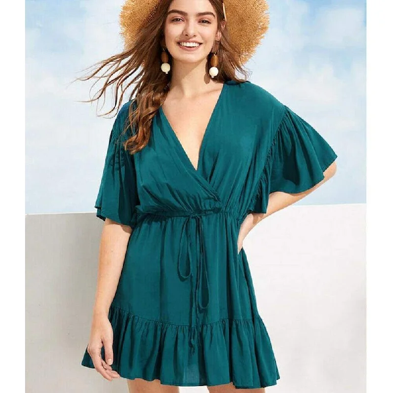 FashionSierra - New Women Green V-neck Frill Mini Short Dress Ladies Short Sleeve Fashion Summer Beach Skater Slim Sundress