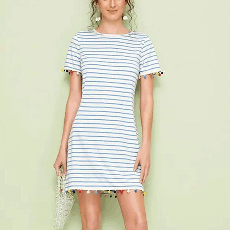 FashionSierra - New Women Short Sleeve Mini T-shirt Dress Summer Ladies Casual Round Neck Striped Tassel Loose Beach Sundress