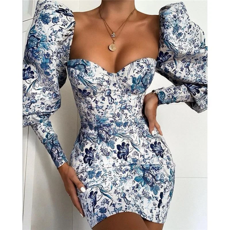 FashionSierra - Pull sleeve floral prnt bodycon dress women Slim fit strapless  party dress Autumn Elegant womens dresses mini vestidos