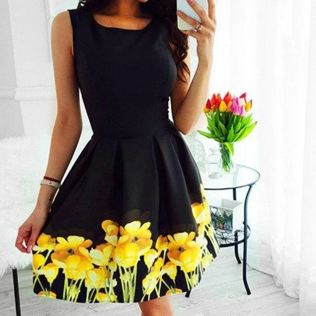 FashionSierra - Sexy  Black Round Neck Floral Printed Sleeveless Empire Waist Women Dress Black Sexy Dress Women Mini Dress