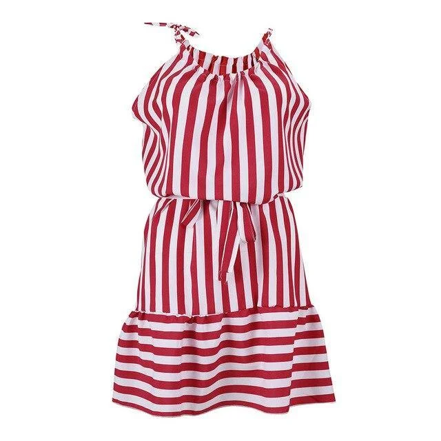 FashionSierra - Summer Dress Casual Halter Lace Up Red Striped Eastic Waist Patchwork Bandage Mini Dress  Women Dress