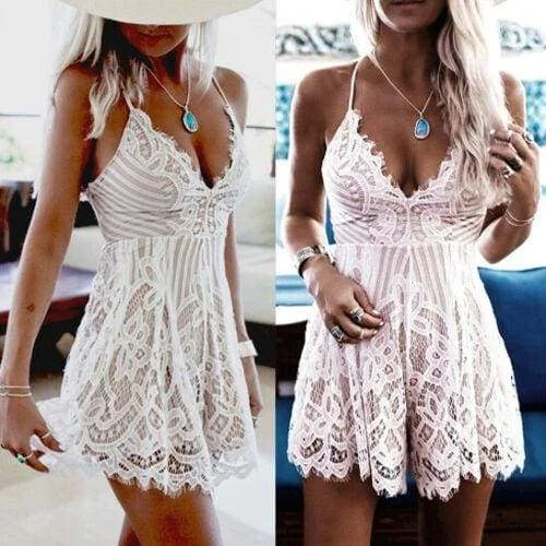 FashionSierra - Summer Women Lace Short Mini Dress Ladies Bodycon Sleeveless Summer Holiday Party Boho Beach Mini Dress Sundress