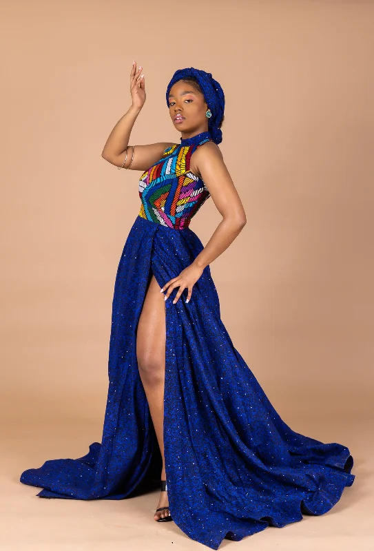 Temi Ankara Deep-slit Maxi Dress | Blue African Print