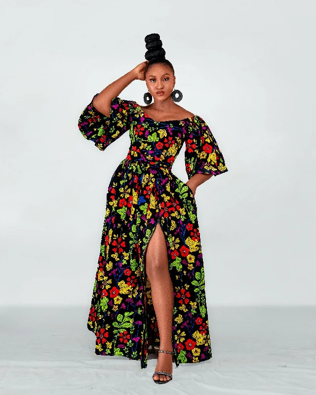 Tess Ankara Off Shoulder Maxi Dress | Green and Pink Multicolored African Print