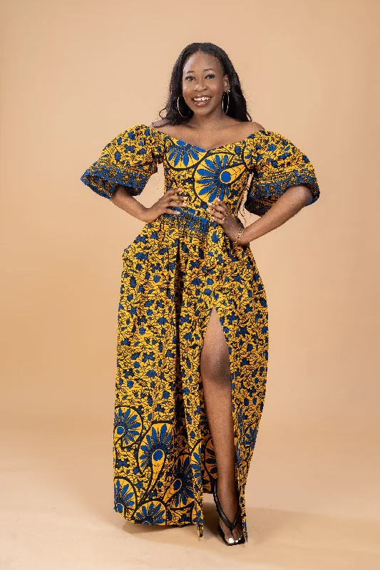 Tinsley Ankara Off shoulder Maxi Dress | Yellow and Blue African Print