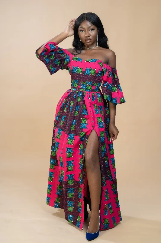 Tolu Ankara Off shoulder Maxi Dress | Pink and Green African Print